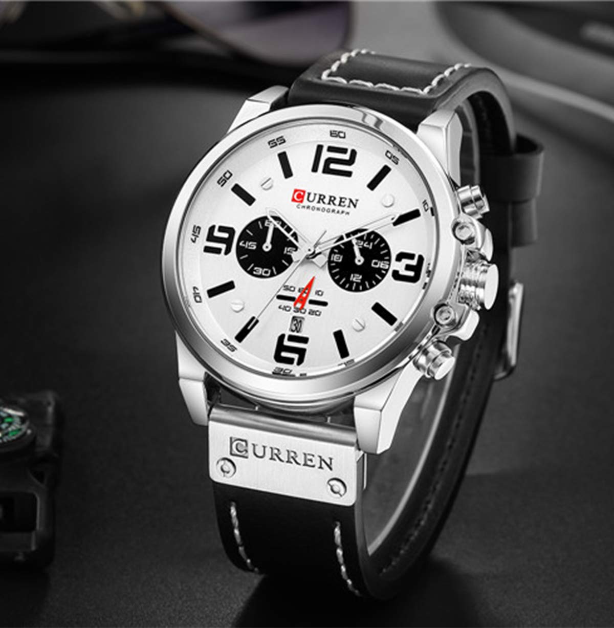 MASTOP Fashion Mens Watch Leather Military Stopwatch Waterproof Chronograph Watch Mens Quartz Watch with Date