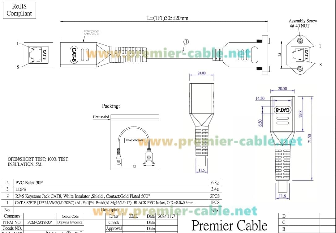 RJ45 Cat8 Ethernet Female to Female Extension Cable 40Gbps Screw Chassis Panel Mount Bulkhead Cable Shielded Network Feed Thru Coupler Extender for Router Gaming Modem PC(0.3M/1FT)