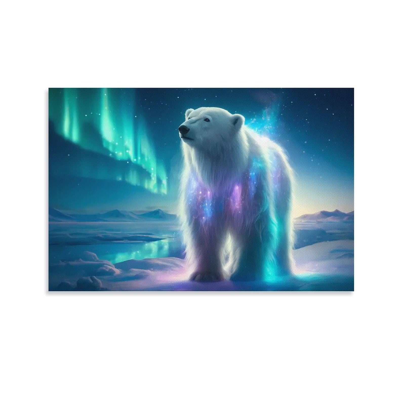 CPLVKWRQJ Polar Bear Single Polar Bear Under Northern Lights Canvas Wall Art - Housewarming Gift Living Room Focal Point Ready to Hang Decor 24x36inch(60x90cm)