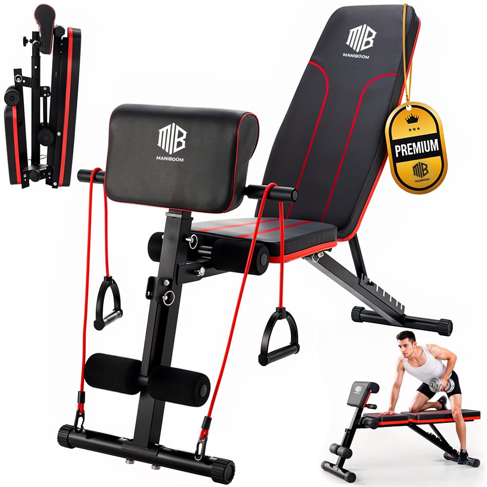 ManiBoom Banco Musculación PLEGABLE Multifuncional con 7 Posiciones Ajustable CARGA 250kg - Banco de Pesas con 2 Bandas de Entrenamiento y Cojín para Bíceps - Banca para Gym en Casa