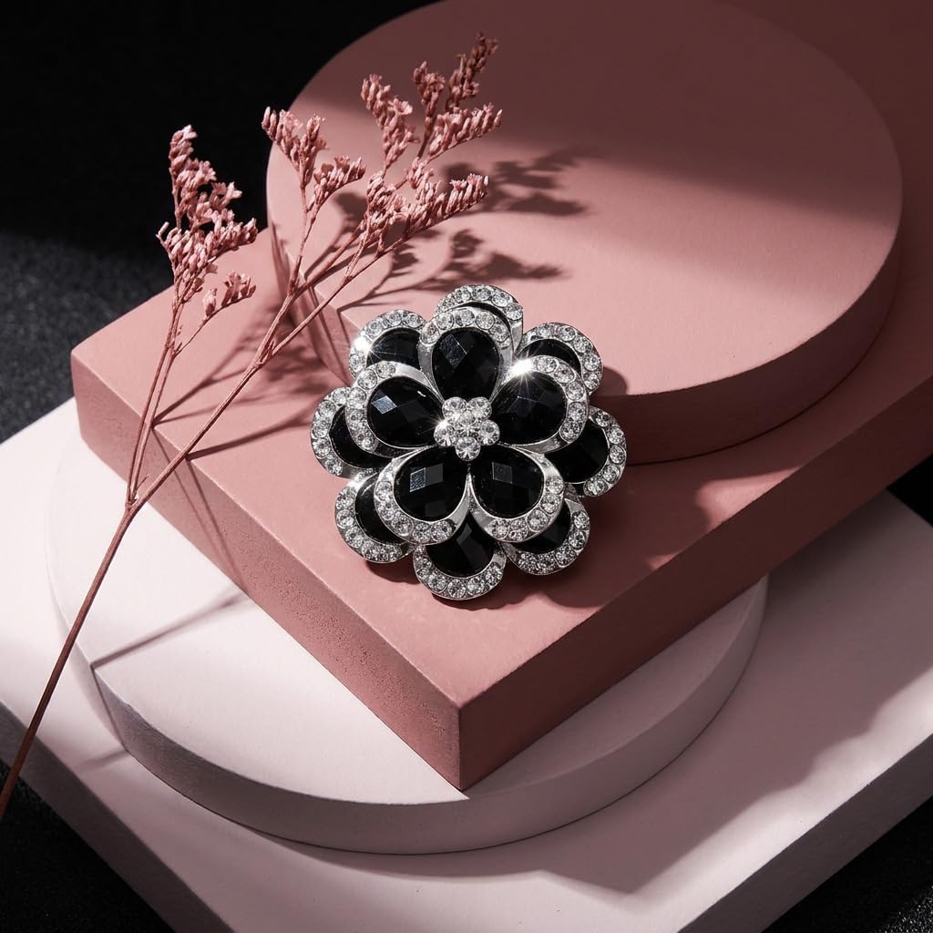 1 Piece Black Brooch Rhinestone Flower Sparkling Crystal Brooches and Pins for Women Elegant Vintage Style Clothing Hat Bag Accessories Bridal Wedding Party Christmas Celebration Jewelry