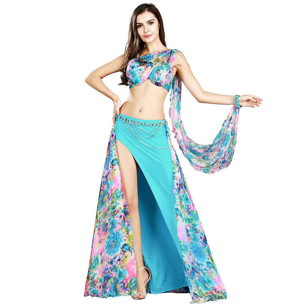Costume de danse du ventre ajusté pour éviter les glissements ensemble bleu 4 pièces S