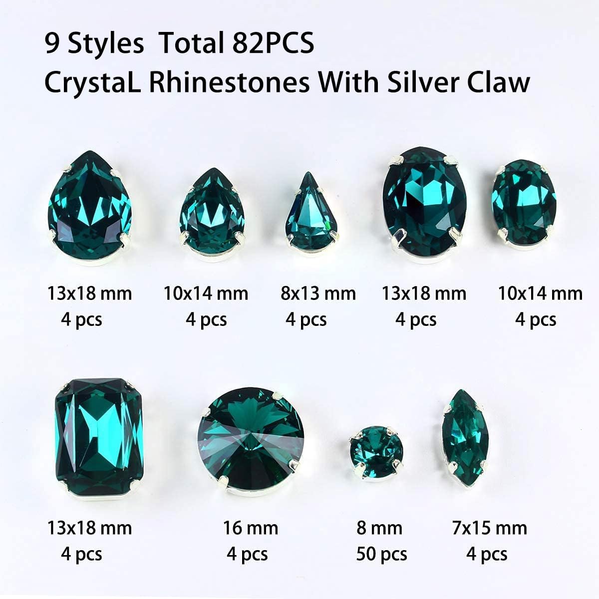 DONGZHOU Sew On Rhinestone, 82pcs Mixed Shapes Sewing Glass Rhinestones with Silver Claw Flatback Gems K9 Crystal Stones for Jewelry Making DIY Crafts Clothes Shoes, Blue Zircon