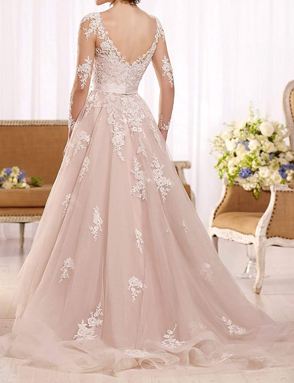 Abito da Sposa in Tulle con Maniche Boho Scollo a V, Avorio, 38
