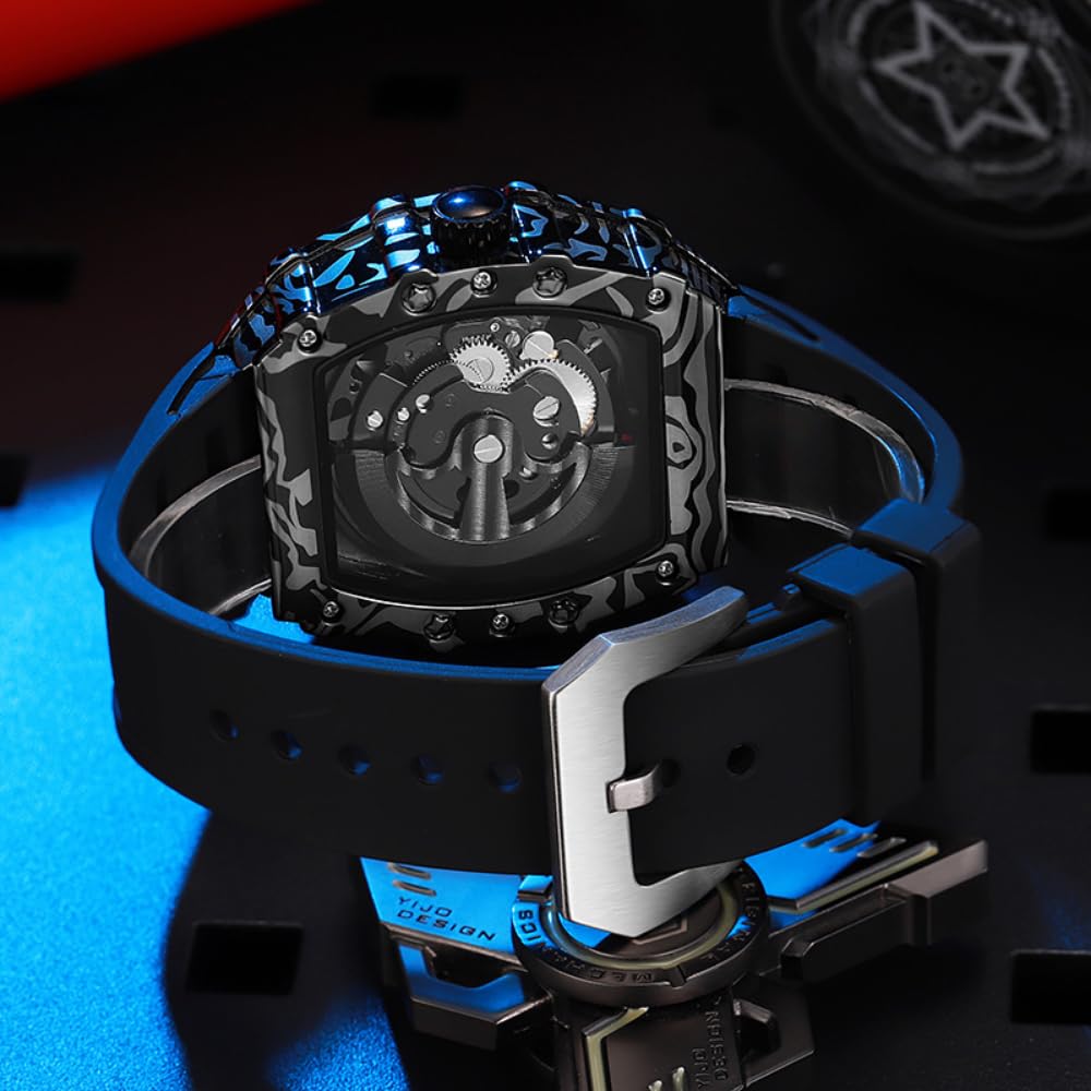 Innovative schwarze hohle Skelett-Herrenuhr, automatisch, mechanisch, Gehäuse aus Kohlefaser, Gehäuse aus Legierung, Tourbillon-Armbanduhr, leuchtendes Silikonband, wasserdicht