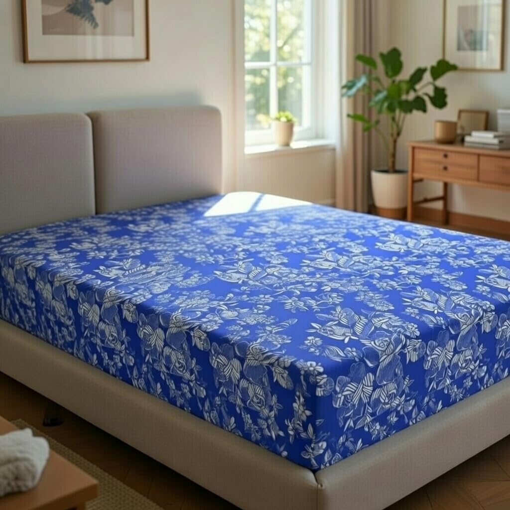 Funda de colchón con Cierre de Cremallera,Cubre Colchón de Cama 105cm,Fácil de Colocar,Respirable,Resistente, Suave y Agradable 100% Poliéster,Floreado Azul