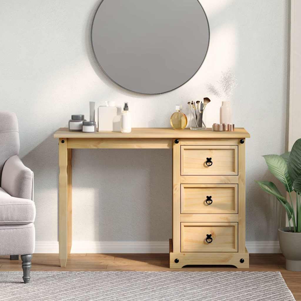 Toaletka z litego drewna sosnowego, 110 x 47 x 75 cm, z 3 szufladami i metalowymi uchwytami, miejsce do przechowywania kosmetyków, wszechstronne zastosowanie jako biurko, rustykalny wygląd