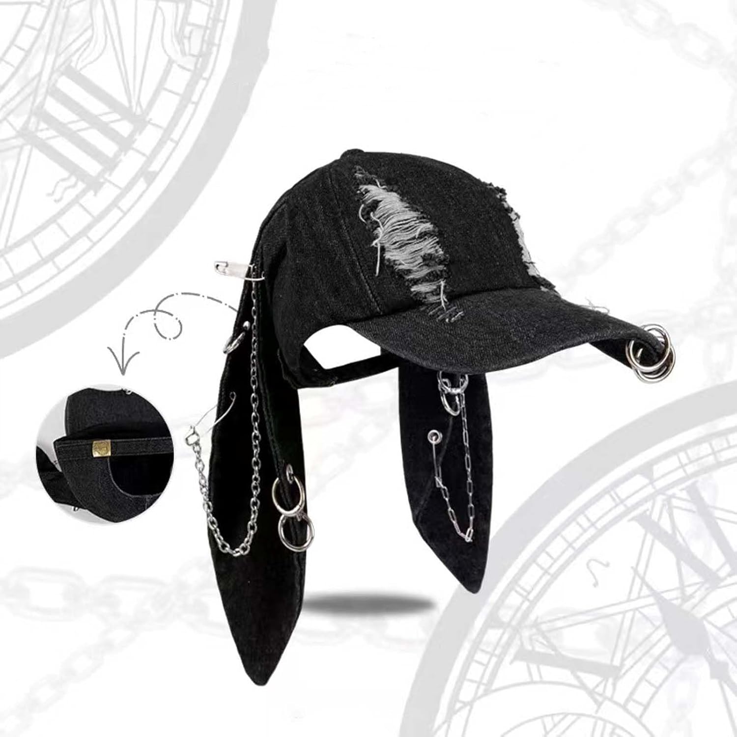 with Ears Y2k Grunge Metal Iron Ring Chain Distressed Denim Baseball Cap Sun Caps Hiphop Dance Hat