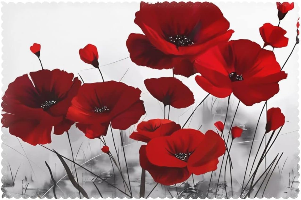 Red Poppy Flower Placemats for Dining Table Set of 618x12 in Easy to