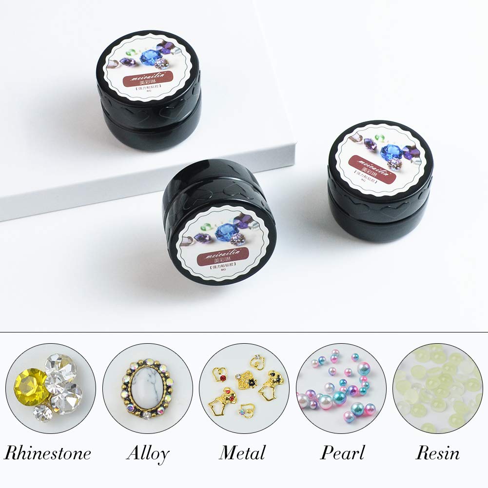 QIMYAR 2 Bottles Super Sticky Rhinestone Glue with 2 Boxes Mix-shape Nail Charms Studs + 2Pcs Painting Pen Adhesive Builder Tip Manicure Nail Art Decoration Clear UV Gel 8ml