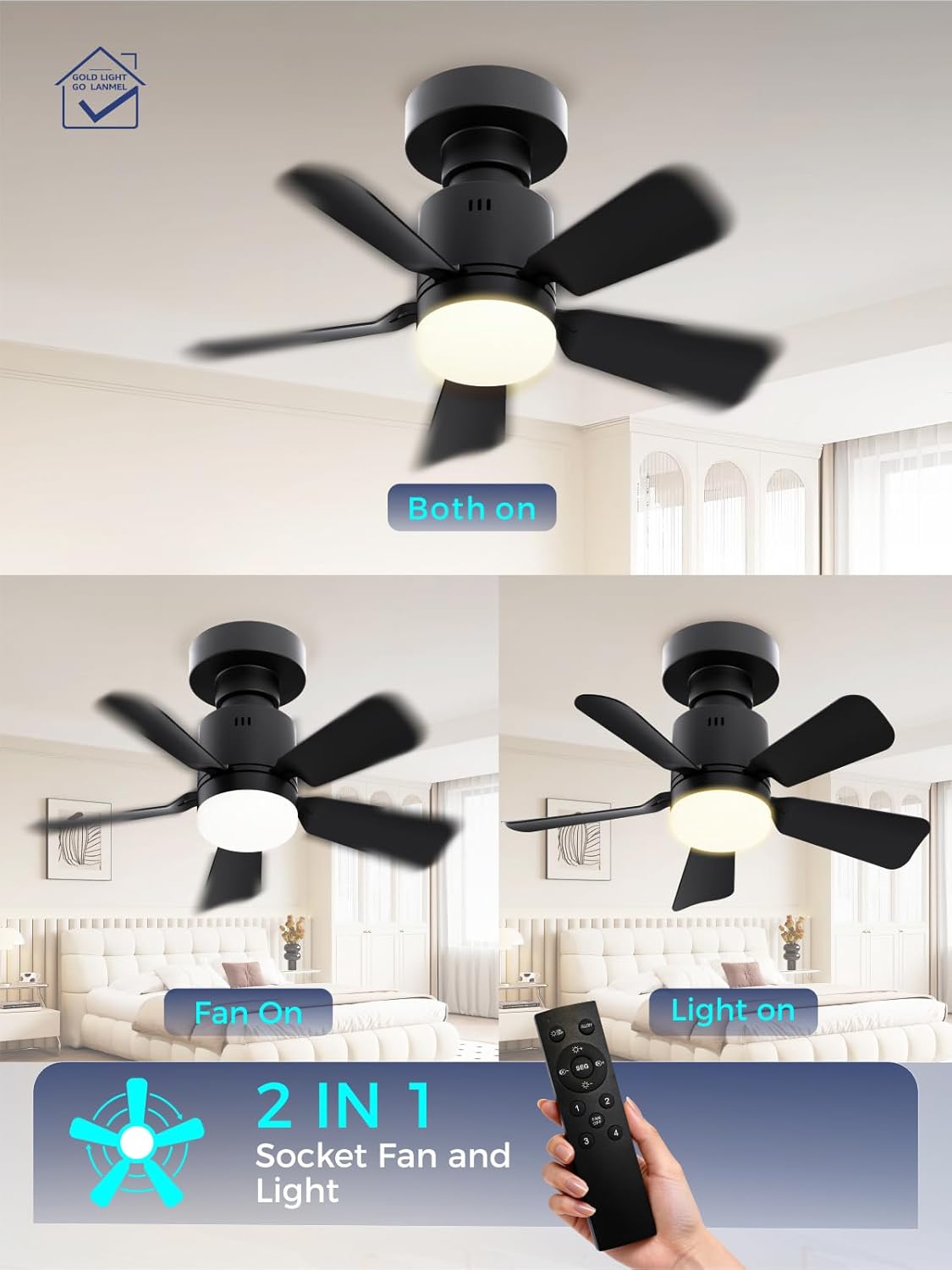 Three images showing the LANMEL Socket Fan Light with only the fan on, only the light on, and both fan and light on.