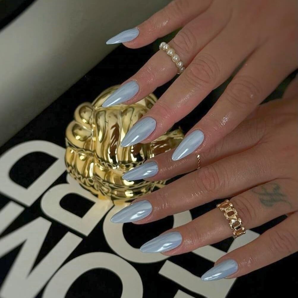 Chrome Light Blue False Nails Almond, SXVME Chrome Press On Nails Medium, Glazed Gel Finish, Sparkly Fake Nails Press on - Image 2