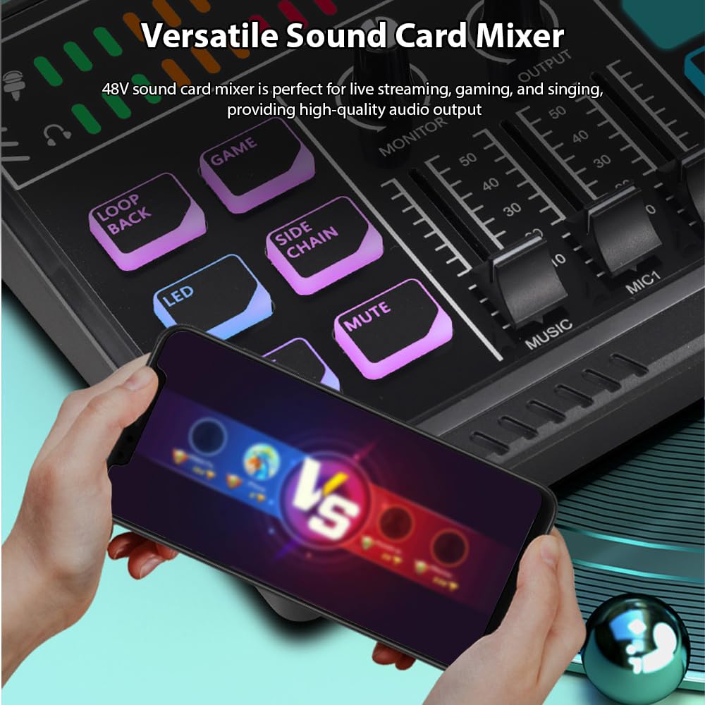 Btuty Mixer Audio Da Gioco 48V Phantom Power Interfaccia Audio RGB Light BT Plug And Play Scheda Audio Per Canto Da Tavolo Mixer Per Streaming Live Podcasting Contenuto Crea Giochi Ricaricabile