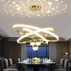 Lustre LED Dimerizável com Projeção de Galáxia e 3 Anéis | Luminária Pendente para Sala de Jantar sobre Mesa, Ilha de Cozinha, Sala de Estar e Quarto com 3 Cores (Ouro)