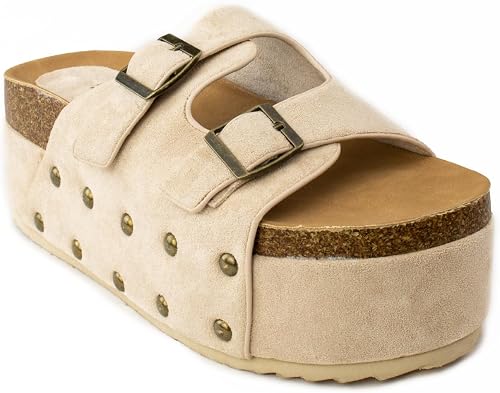 RF ROOM OF FASHION Women's Double Buckle Strap Chunky Platform Slide Sandals (NU