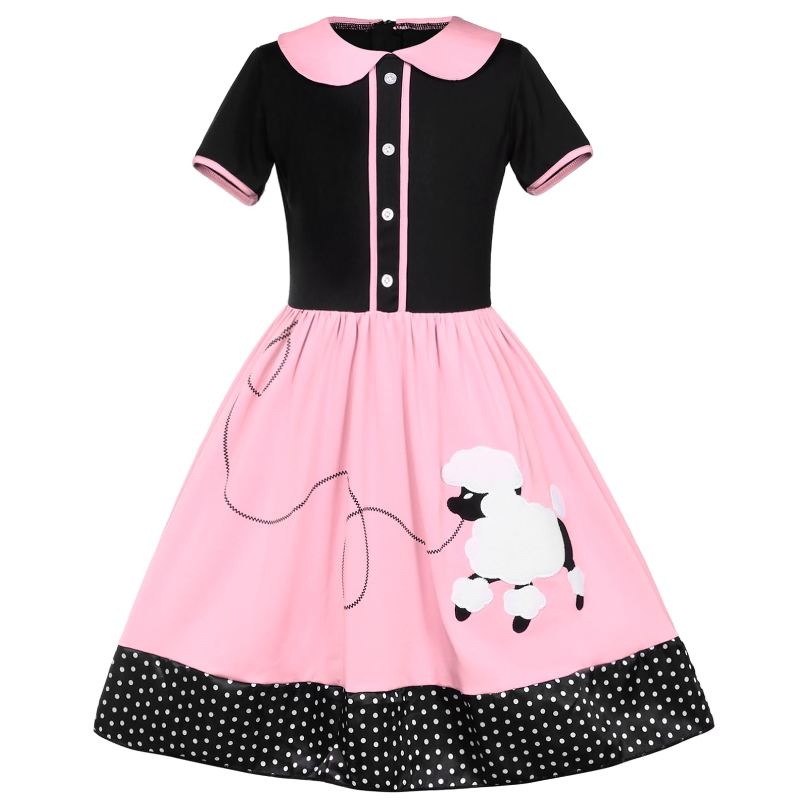 Ficlwigkis 50s Poodle Girl Costume For Kids 7pcs Poodle Dress Accessories with Hair Band,Silk Scarf,Glasses,Socks,Girdle,Hairband,50s Fancy Dress Kids,1950s Dress Up Costumes Blue Pink (Pink, 110) - Image 2