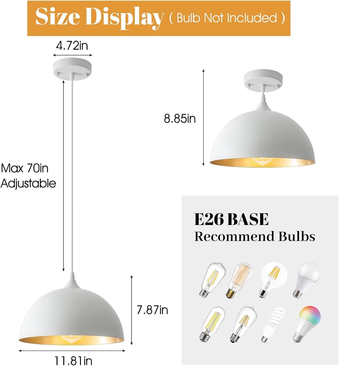 White Pendant Light 2 Pack, 11.8" Farmhouse Pendant Lights Adjustable Height, Modern Pendant Lighting for Kitchen Island Dining Room Bedroom