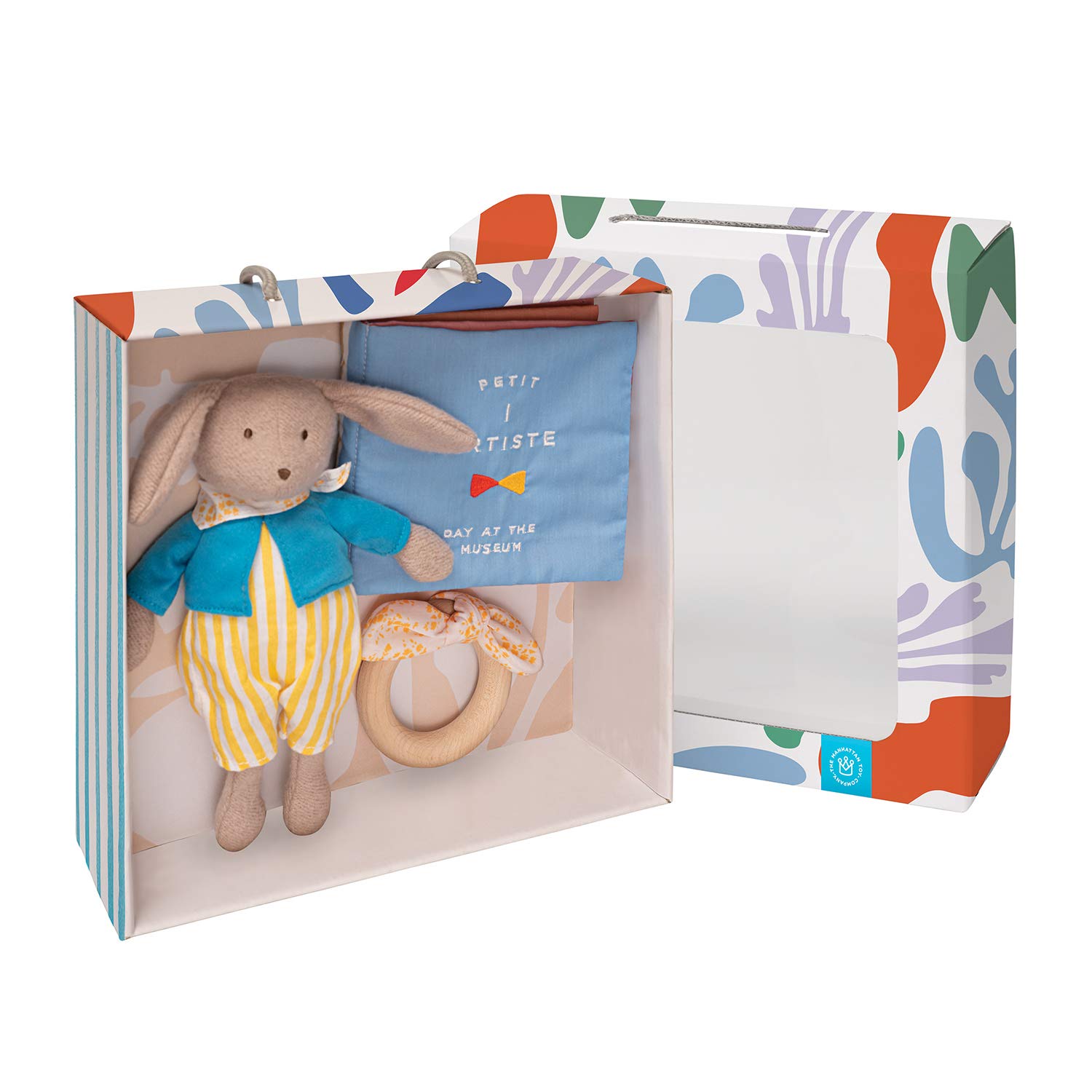 Manhattan Spielzeug Petit Artiste Bunny Doll, Soft Book und Wooden Beißring Baby beruhigendes Geschenk-Set