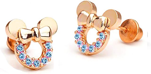 baobei Minnie mouse earrings for women, Sterling Silver hypoallergenic Earrings, Cubic Zircons Amethyst White Pink blue rose gold Crystal open Mickey Mouse Stud Earrings Gift for Girls Children