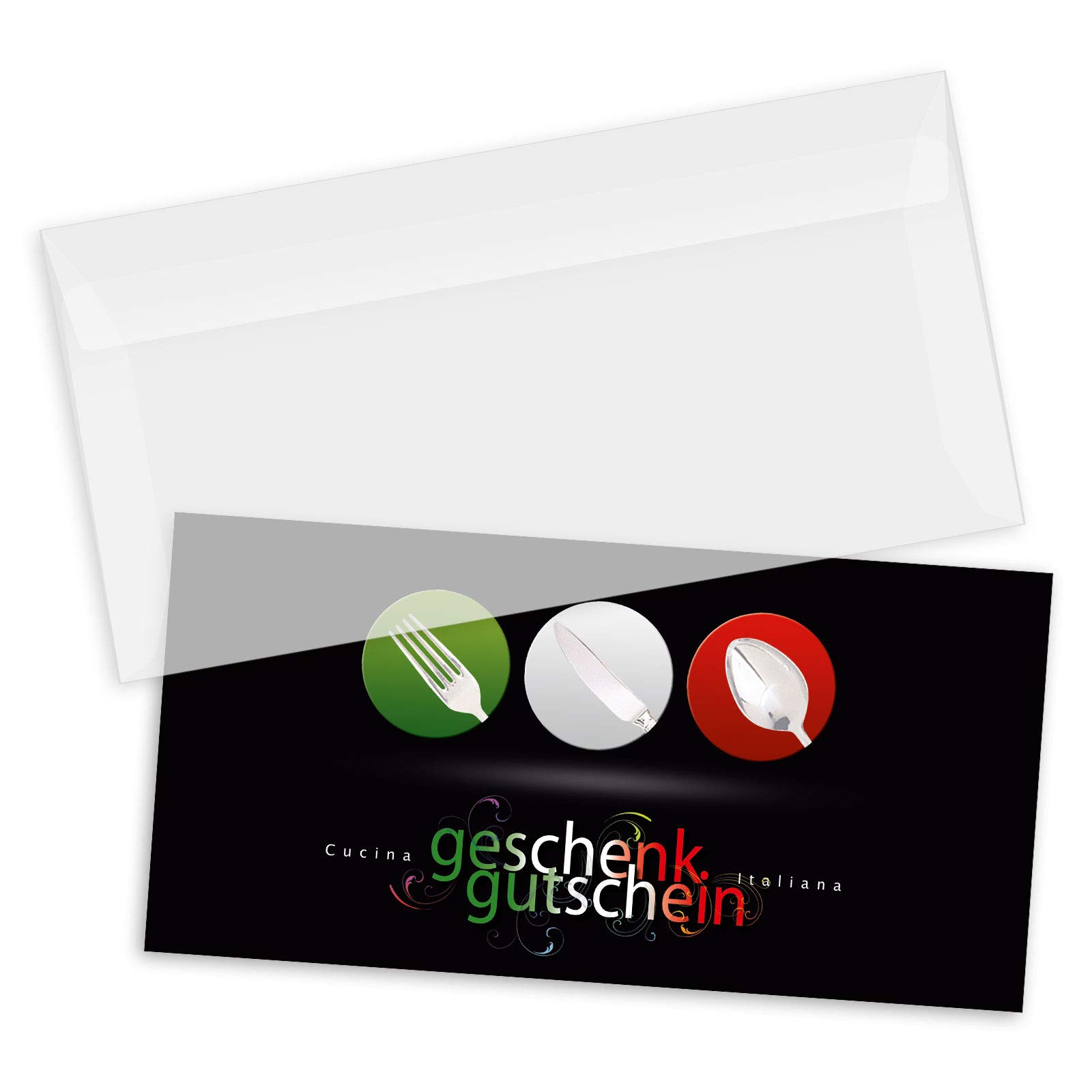 Gutschein-Set. 100x Gutschein + Kuvert. Für Restaurant Pizzeria, blanko zum selber Ausfüllen.