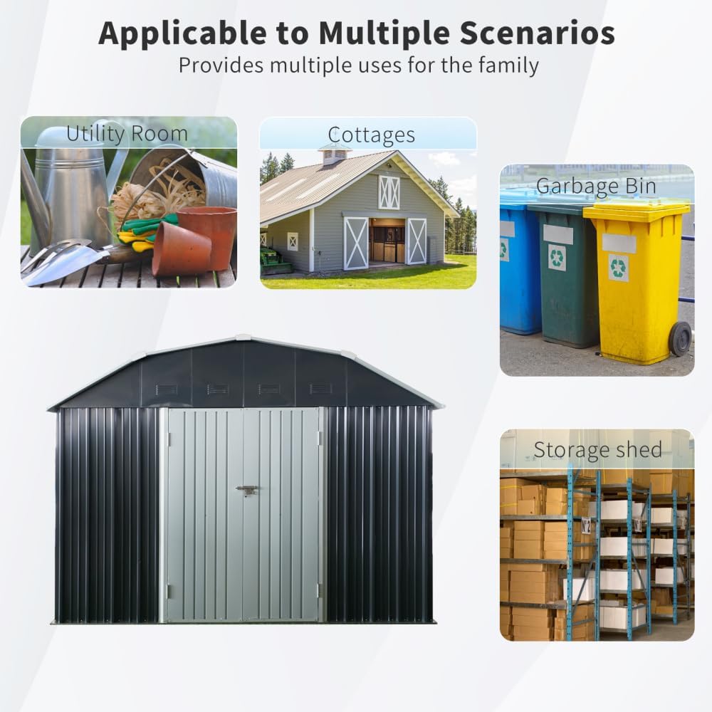 10x12 Black Outdoor Metal Storage Shed, Arch Roof with Lockable Double Doors for Backyard, Garden, Patio, and Lawn