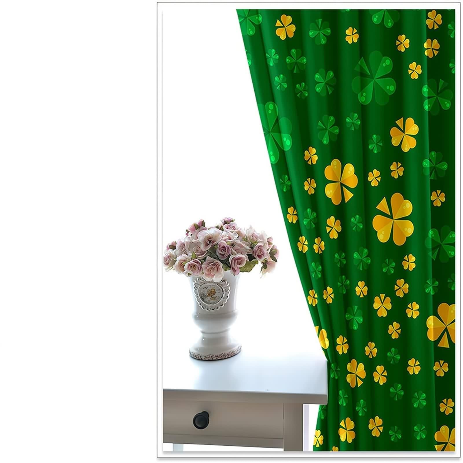 Verdunklungsvorhänge Wohnzimmer, Gardinenstoff Vintage Gelbgrün Polyester Kleeblätter Vorhänge 2er Set B 86 x H 229 cm