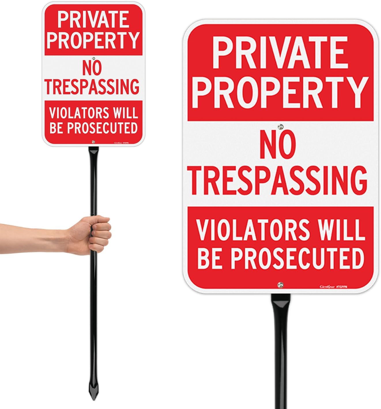 GicnKeuz Large No Trespassing Signs Private Property Sign with 36" Heavy Duty Metal Stakes, 14"x10" .040 Aluminum Reflective Signs, Fade Resistant/Waterproof, Including Screws, Easy to Install, Outdoor Use (1 Pack)