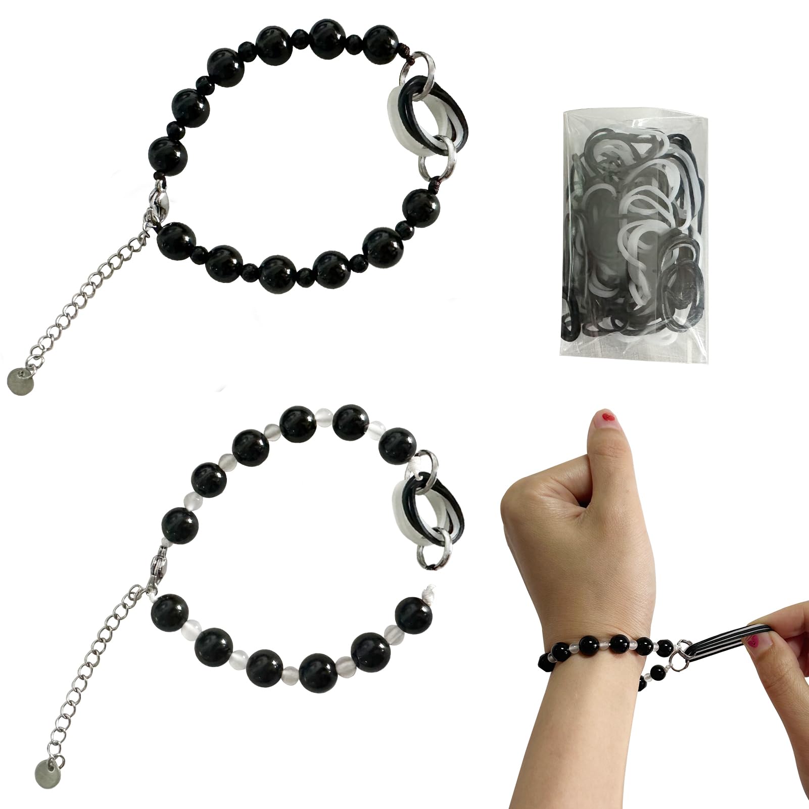 2 Pack Skin Picking Fidget Ring,Anxiety Bracelet Skin Picking Fidget Toys for Adults with Trichotillomania to Manage Compulsive Hair Pulling (Black)