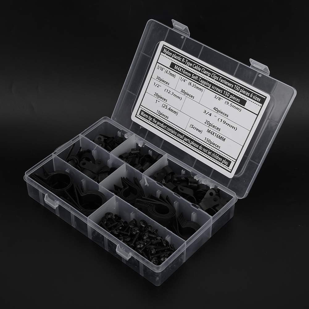 150Pcs R Type Cable Clamp Clips Fasteners M4 x 16mm Self Tapping Screws Set Cable Management Kit Electrical Wire Organizer Black