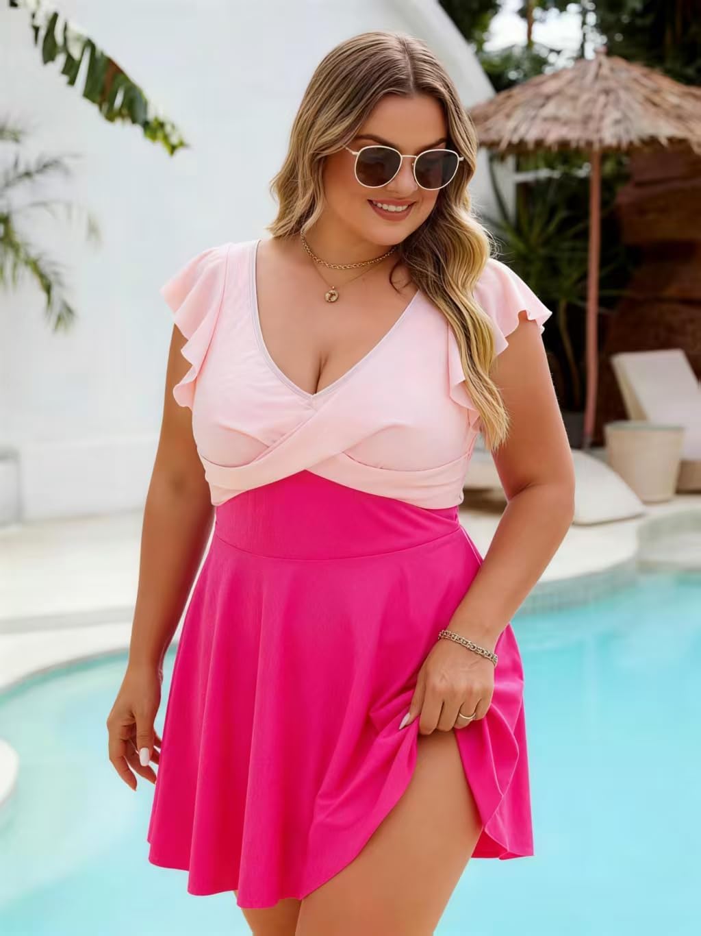 Plus Size Swimsuit for Women, One Piece Tummy Control Bathing Suits with V Neck High Waisted Swim Dress