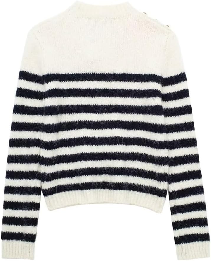 Women's Striped Crew Neck Gold Button Trim Long Sleeve Knit Top