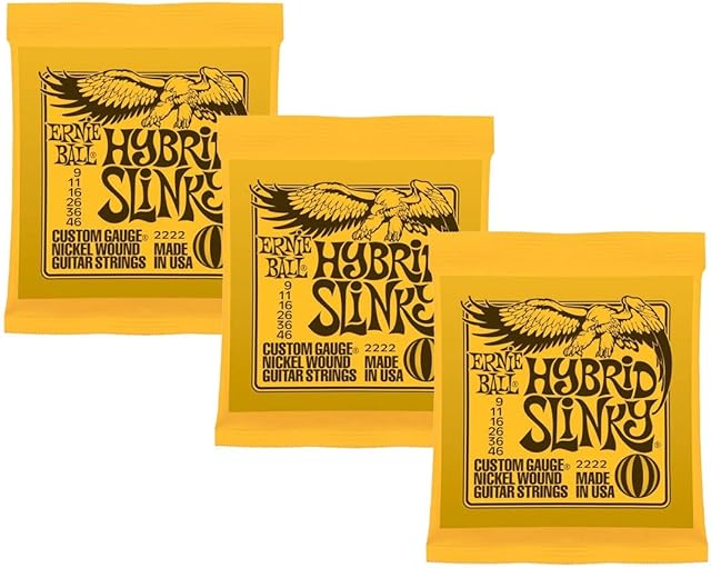 Ernie Ball 2222x3 Hybrid Slinky Nickel Wound Sets.009 - .046, Bundle of 3 Sets, Orange