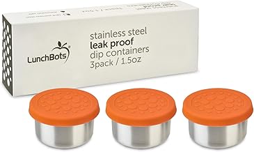 LunchBots Tiny Dips Condiment Containers - Set of 3 - Perfect Portion Cups - Spill Proof Lunch Box Sauce Container with Lid - Food Grade Stainless Steel - 1.5oz - Dishwasher Safe - Orange Lids