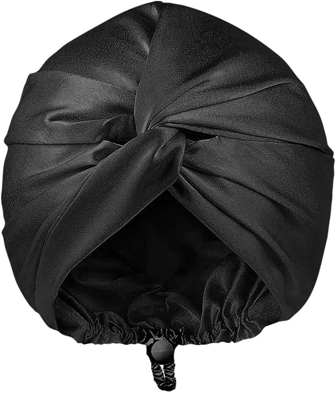 Sleeping Hair Bonnet Sleep Hair Wrap Night Hair Cap Faux Silk Head Wrap Head Cover Sleeping Hat with Elastic Adjustable Button for Women Black