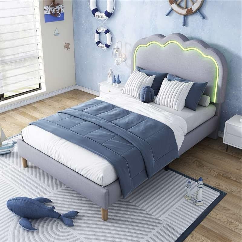 BTM Upholstered Single Bed with LED, Single Bed Frame with Height-adjustable Headboard and Wooden Slats, Teen Bed for Bedroom and Guest Room, 3ft-90x190cm, Grey Linen, No Mattress