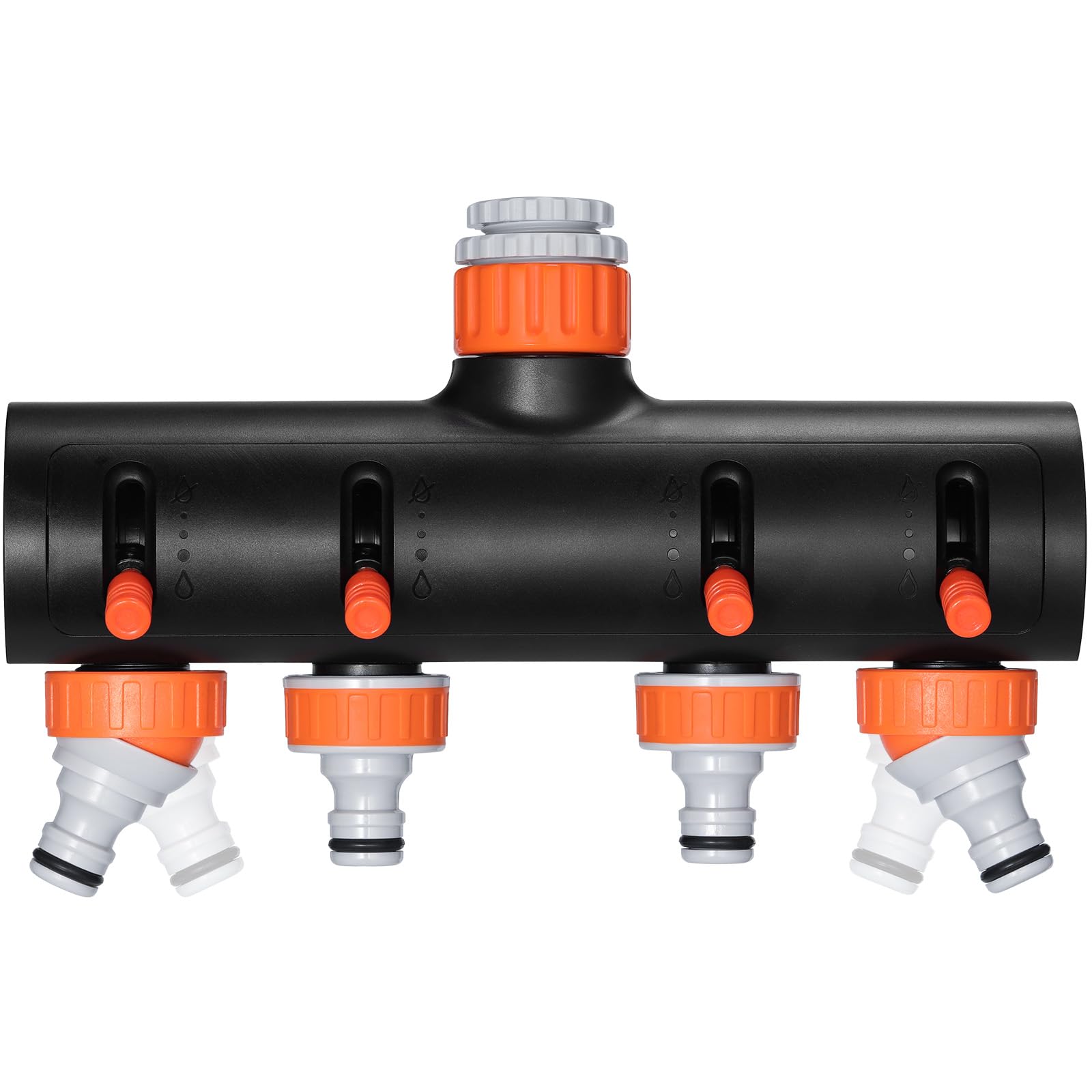 4-Wege-Verteiler Wasser, 3/4 Zoll und 1/2 Zoll Gewinde Wasserhahn Wasserverteiler mit Adapter Wasserdurchfluss regulier zu 4 Geräte-individuellem Absperrhähnen für Gartenbewässerung, Küche, Waschen