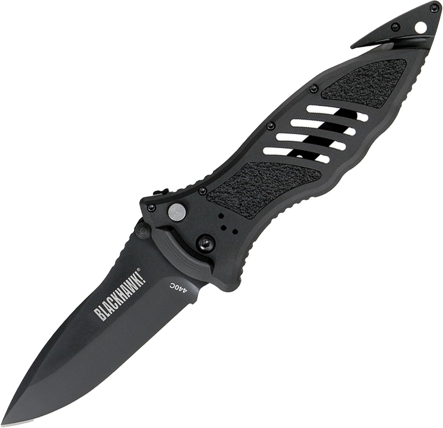 BLACKHAWK Large Button Lock Folding Knife, 3-3/4” D2 Tool Steel Blade with Seatbelt Cutter and Glass Breaker (BH15M301BK)