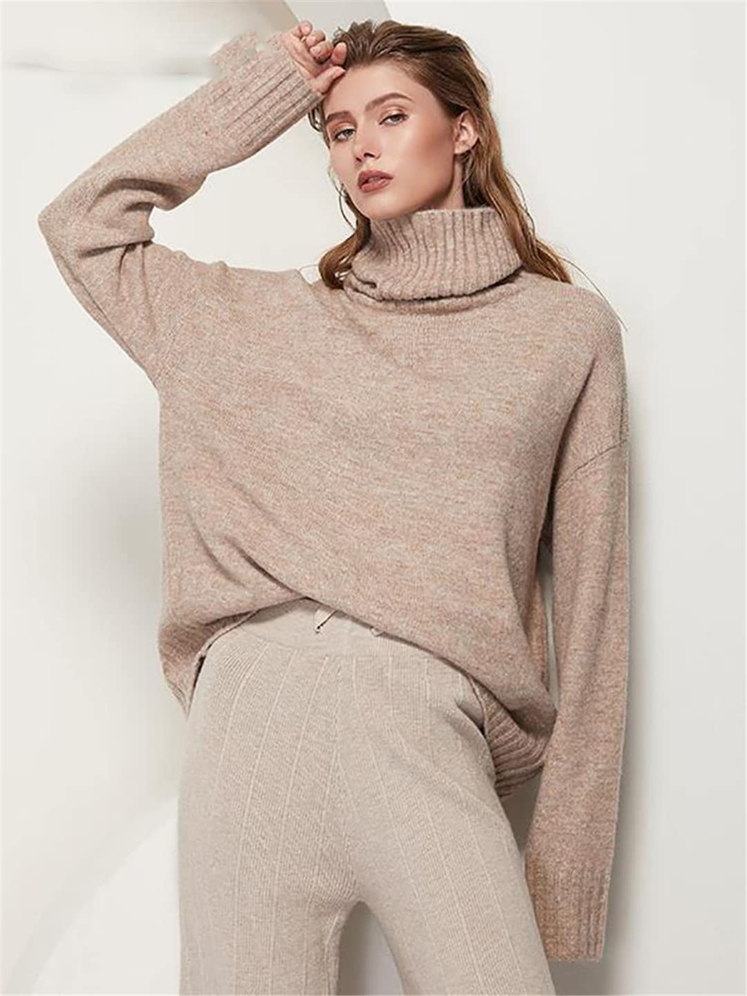Jesień Zima Kobiety Dzianinowy Golf Wełniany Sweter Casual Basic Pullover (Czerwony Jeden Rozmiar)