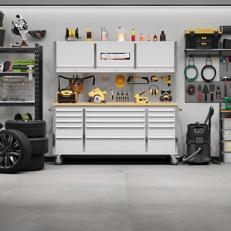 72 Inch Rolling Tool Cabinet Heavy-Duty Garage Workbench with 15 Drawers & 3 Cabinets Steel Frame Workshop Table for Mechanics Garage Organization Large Tool Bench Storage with Pegboard Silve product thumbnail 4