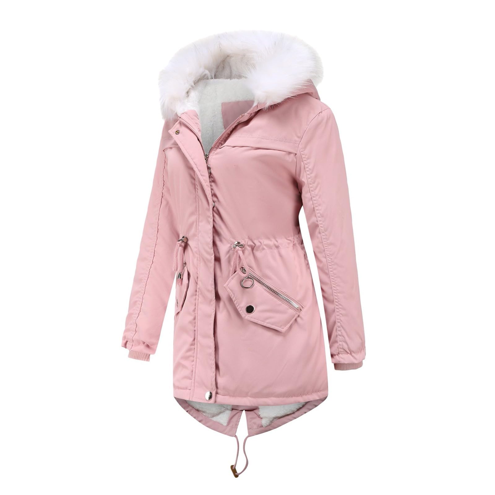 Abbigliamento Donna Cappotto Lungo in Pile Pesante, Caldo, Invernale, con Cappuccio Finto, Taglie Forti Business Meeting