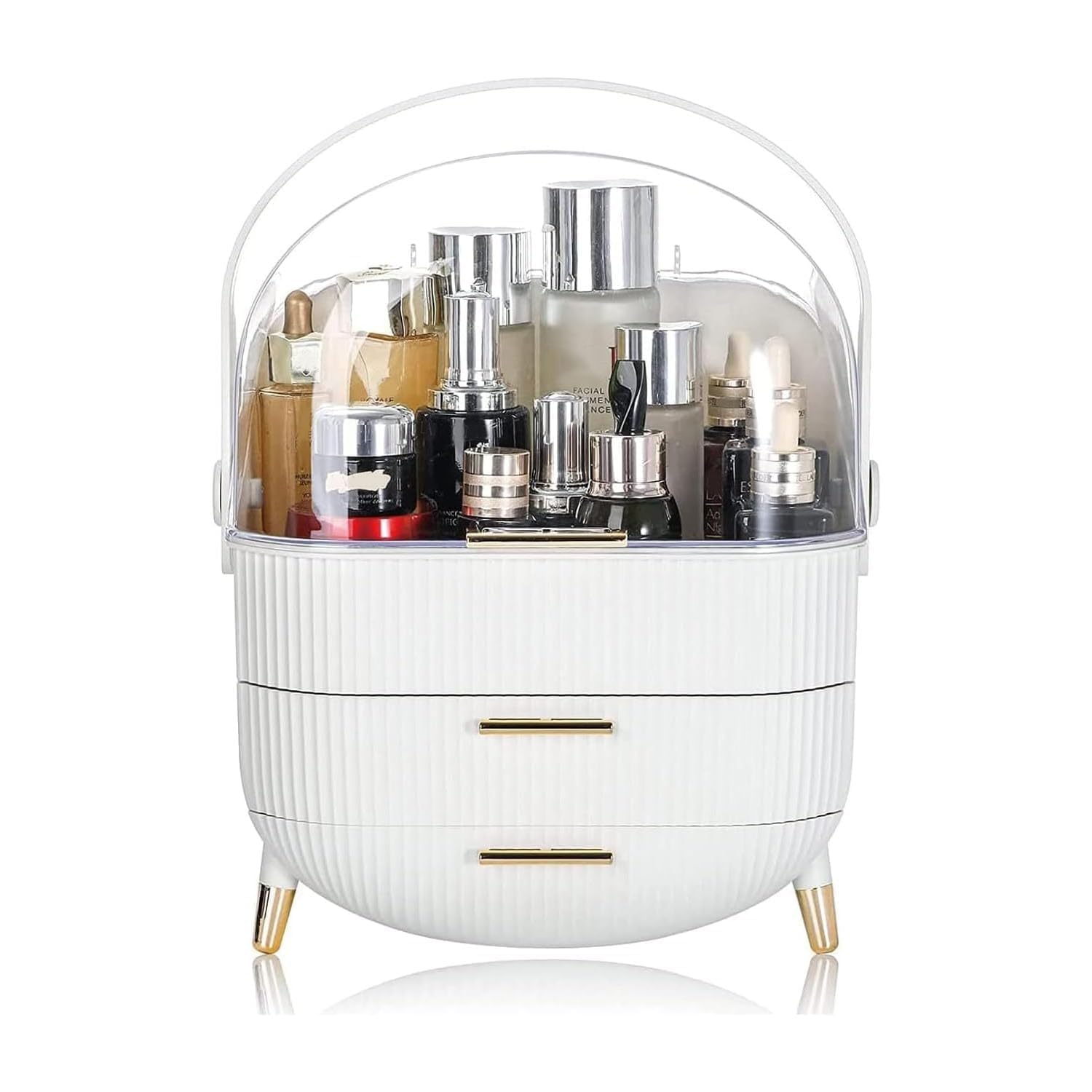 Makeup Storage Organiser, Skincare Organisers Cosmetic Display Case with Clear Lid & 2 Drawers, Waterproof & Dustproof Cosmetic Organizer for Bathroom Counter, Vanity Countertop, Bedroom - White