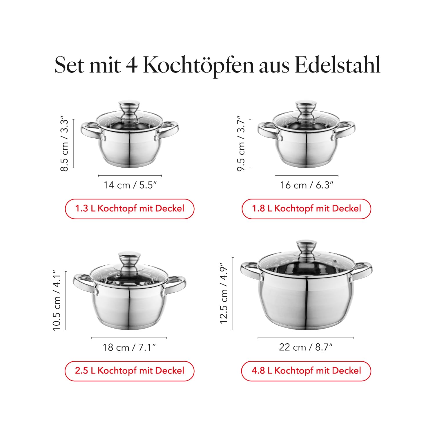 FLORINA Kochtopf Set OLIVER | 4-teilig | Edelstahl 18/0 | Glasdeckel gehärtet | Für Induktion, Gas, Elektro, Ceran | Spülmaschinenfest | Hochwertiges Topfset für jede Küche