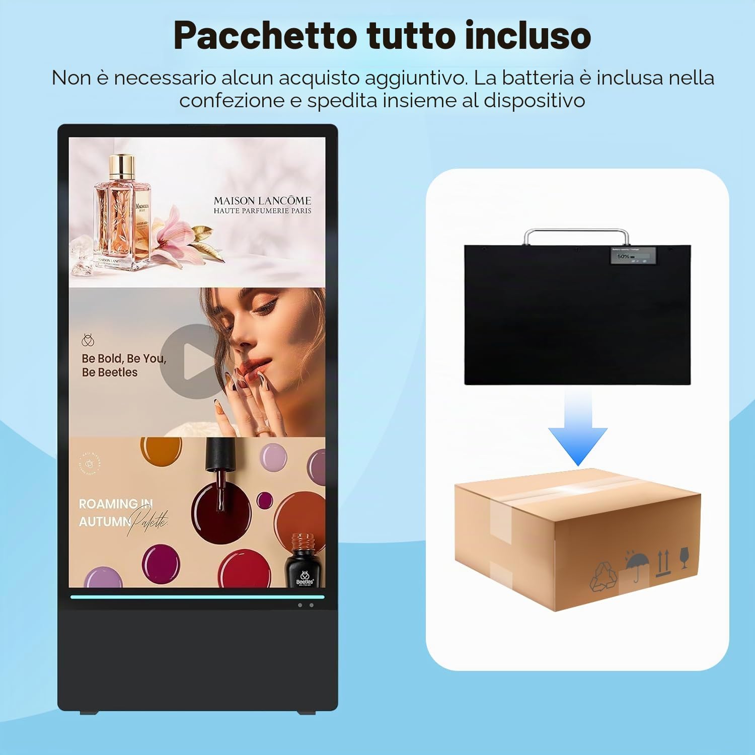 Totem Pubblicitario Digitale da Esterno 55", Schermo Pubblicitario Alta Luminosità 2000 Nits con Batteria 10h, Stop-Trottoir Impermeabile IP65 per Ristorazione