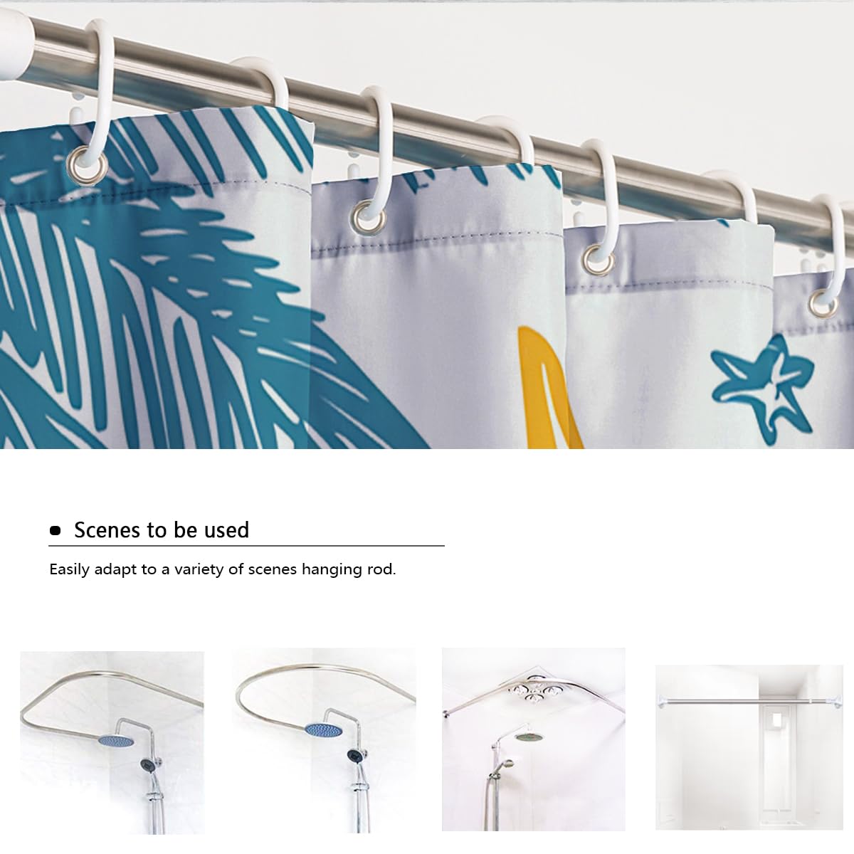 Cortinas de Ducha de Verano Dibujadas a Mano W150xL200cm grafitis adorables Sol Estrella de mar Palmera Estampada decoración de baño Infantil Impermeable Resistente al Moho con Ganchos
