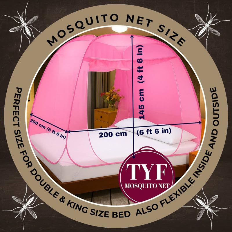 Image of TYF Mosquito Net for Bed Made with Polyester Material | Foldable Mesh Design | Lightweight and Portable Structure | Carry for Indoor Sleeping Spaces, Pink (6.15 Feet X 6.15 Feet) Double Bed