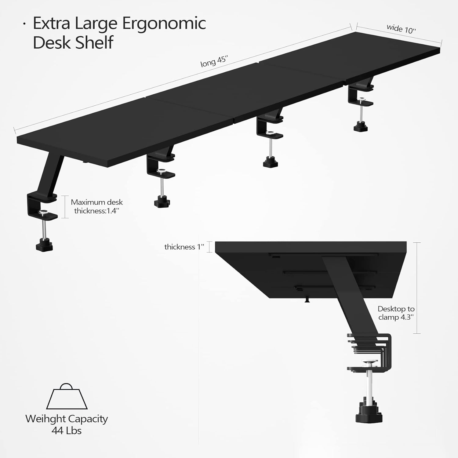 Extra-Large 45-Inch Wood Clamp On Desk Monitor Shelf with Spacious Storage Space - Fits 60-inch or Dual 32-inch Screens, C-Clamp Design with Rubber Pad, Max Load 44lbs