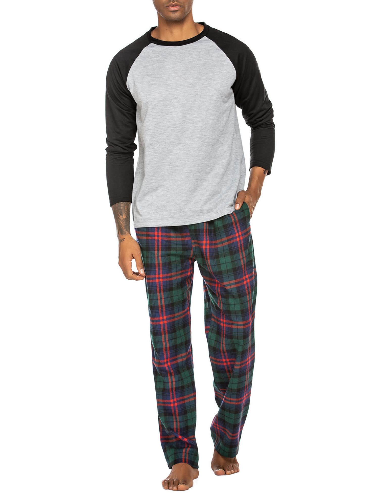 ADOME Pyjama voor heren, lange pyjama, ronde hals, lange mouwen, bovendeel en geruite pyjamabroek, pyjama voor heren, S-XXL, zwart, XXL