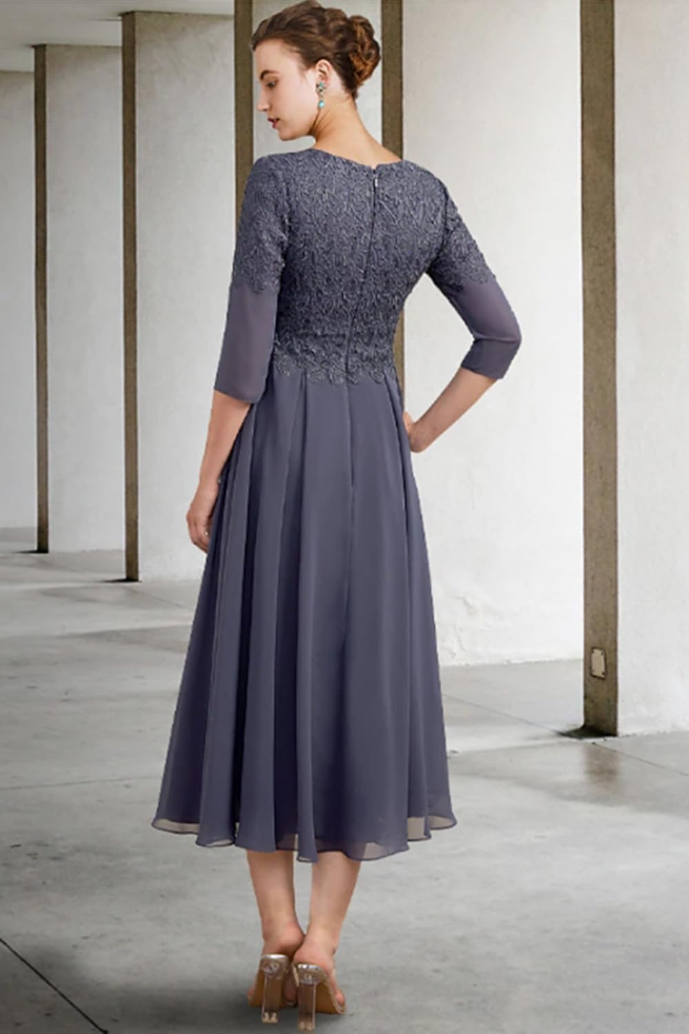 Classy Tea Length Mother of The Bride Dresses for Wedding Elegant A Line Lace 3/4 Sleeve Formal Wedding Guest Dress