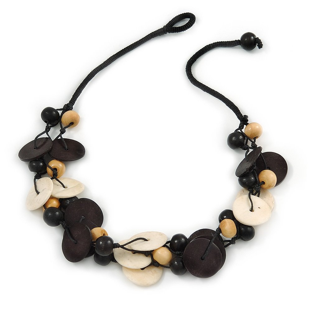 Avalaya Collana Lunga In Corda Nera Con Perline Di Legno Blu Scuro - Gioiello Boho Regolabile 84 Cm, Senza Chiusura, Stile Ecologico - 4