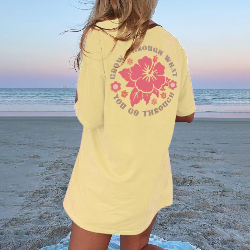 Image of Vintage Oversized Flower Graphic Tees Cute Surfboard Palm Baggy T-Shirts Summer Preppy Beach Tops Teen Girls Clothes